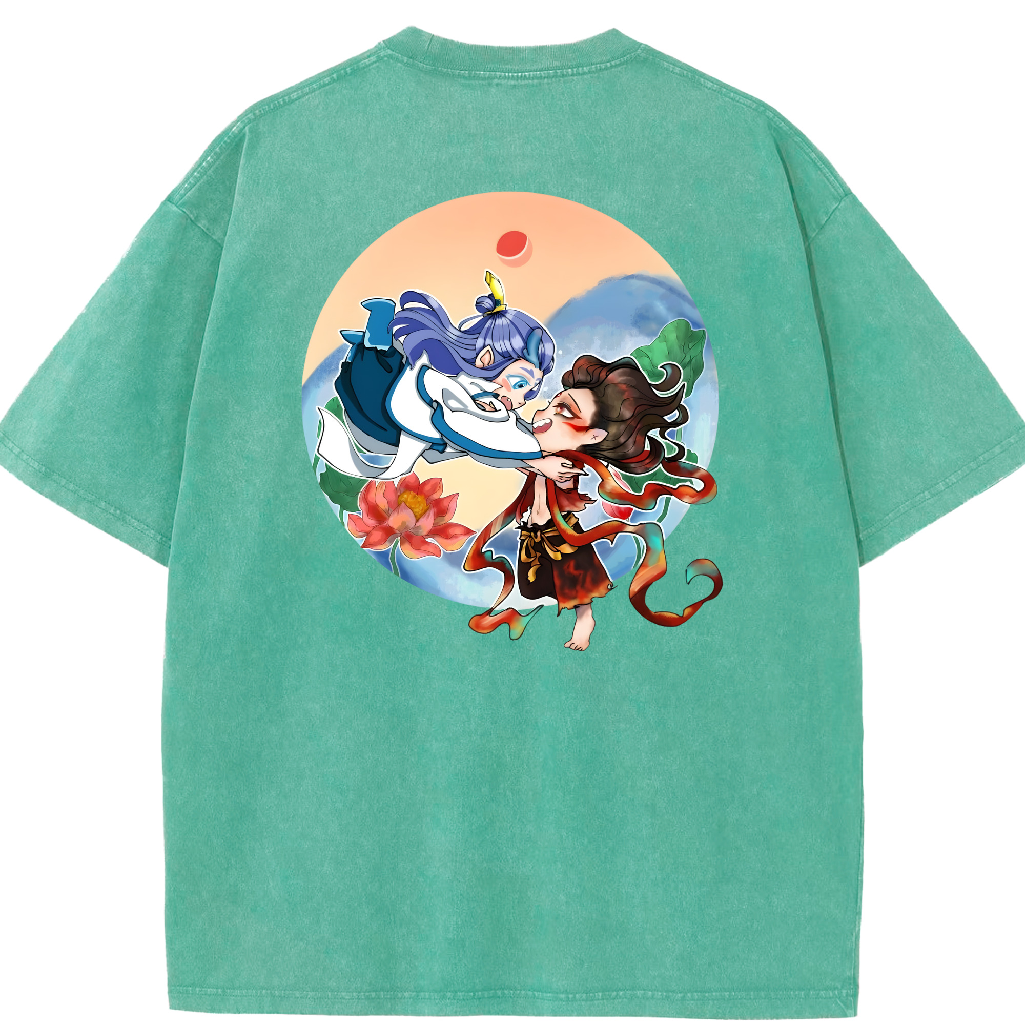 （画像用） Ne Zha 2 ナタ 魔童の大暴れ 綿100% ヴィンテージ風 半袖Tシャツ（背面プリント）